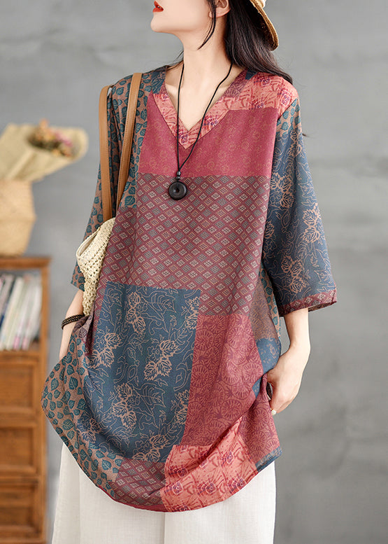 French Colorblock V Neck Print Linen Shirts Bracelet Sleeve