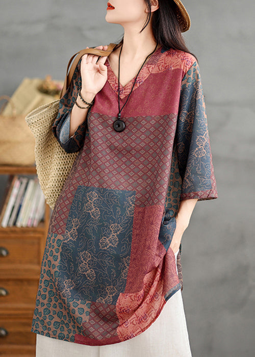 French Colorblock V Neck Print Linen Shirts Bracelet Sleeve