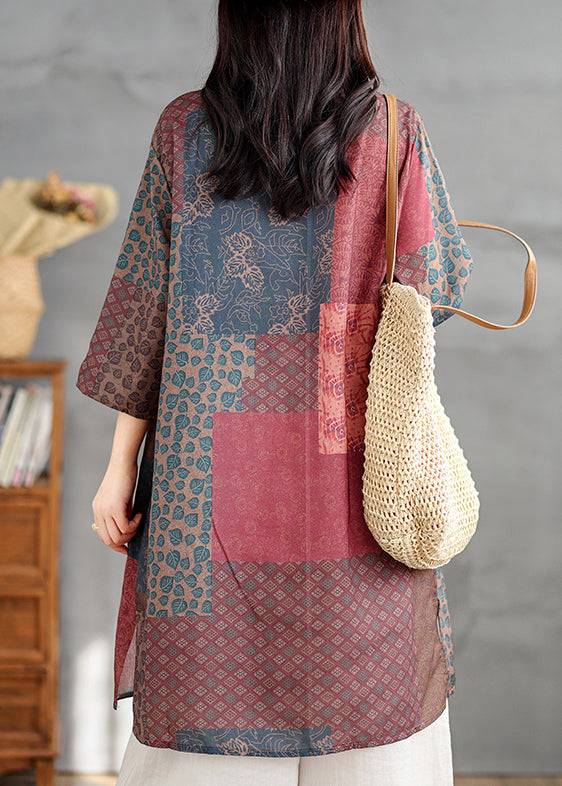 French Colorblock V Neck Print Linen Shirts Bracelet Sleeve