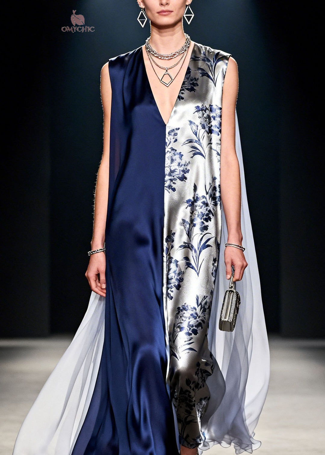French Colorblock V Neck Print Patchwork Silk Dress Sleeveless