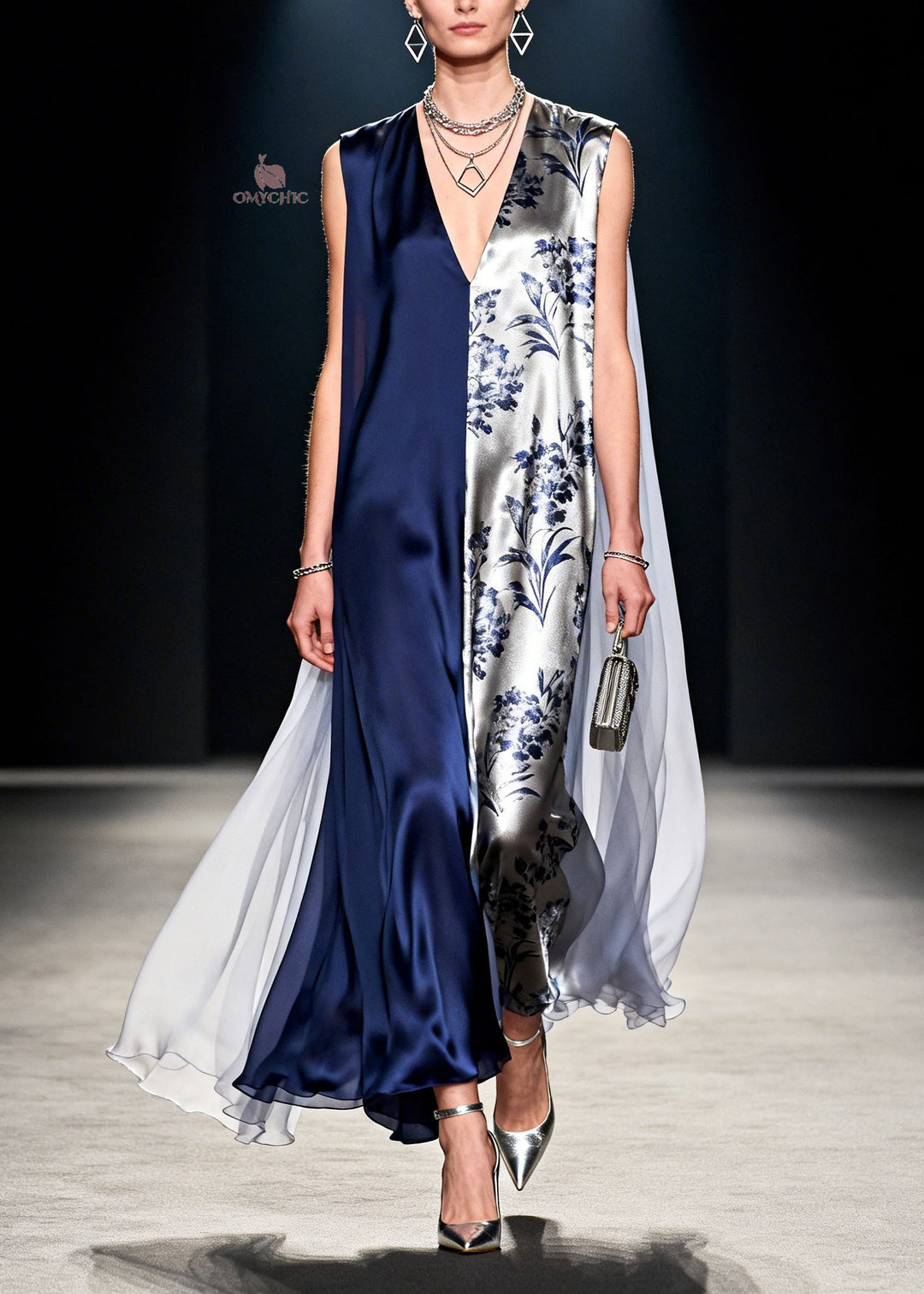 French Colorblock V Neck Print Patchwork Silk Dress Sleeveless
