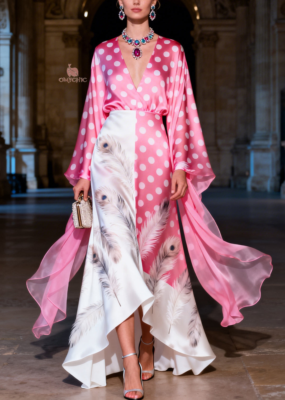 French Colorblock V Neck Print Patchwork Silk Holiday Dress Summer