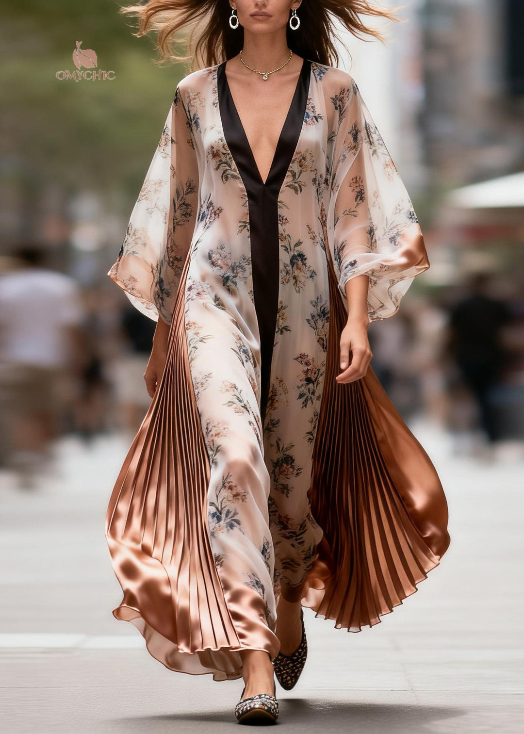 French Colorblock V Neck Print Wrinkled Patchwork Silk Dress Summer