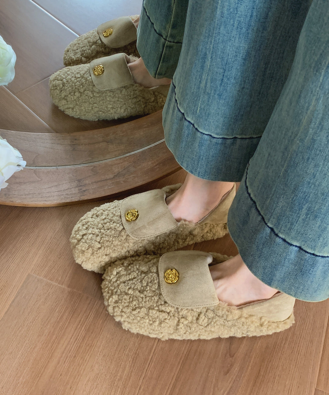 French Comfy Splicing Penny Loafers White Faux Fur