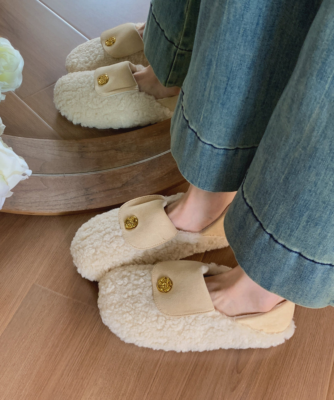 French Comfy Splicing Penny Loafers White Faux Fur