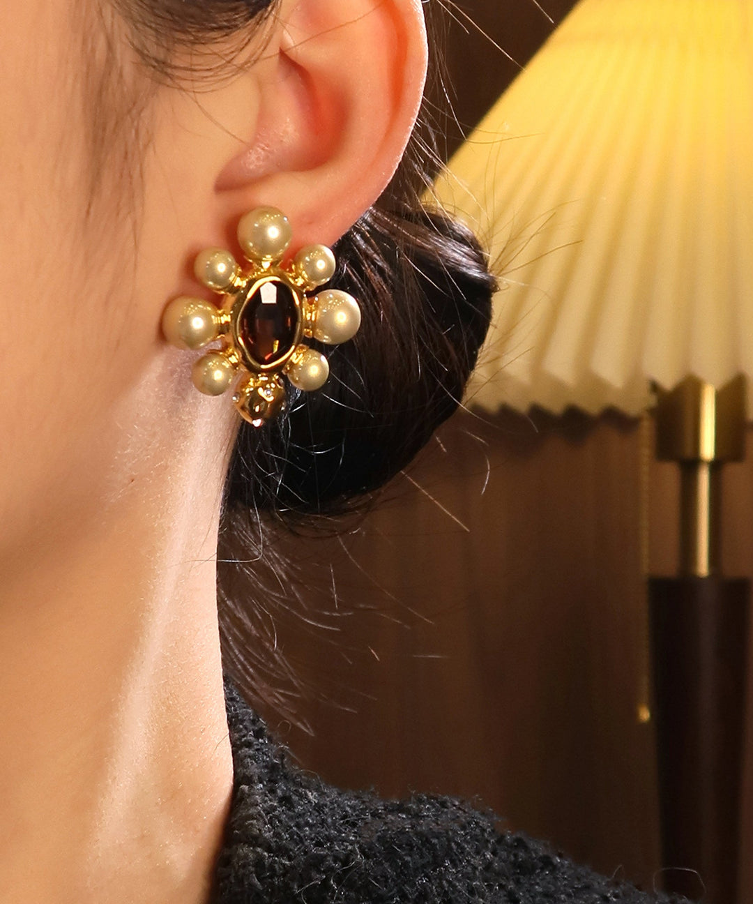 French Copper Overgild Pearl Crystal Stud Earrings