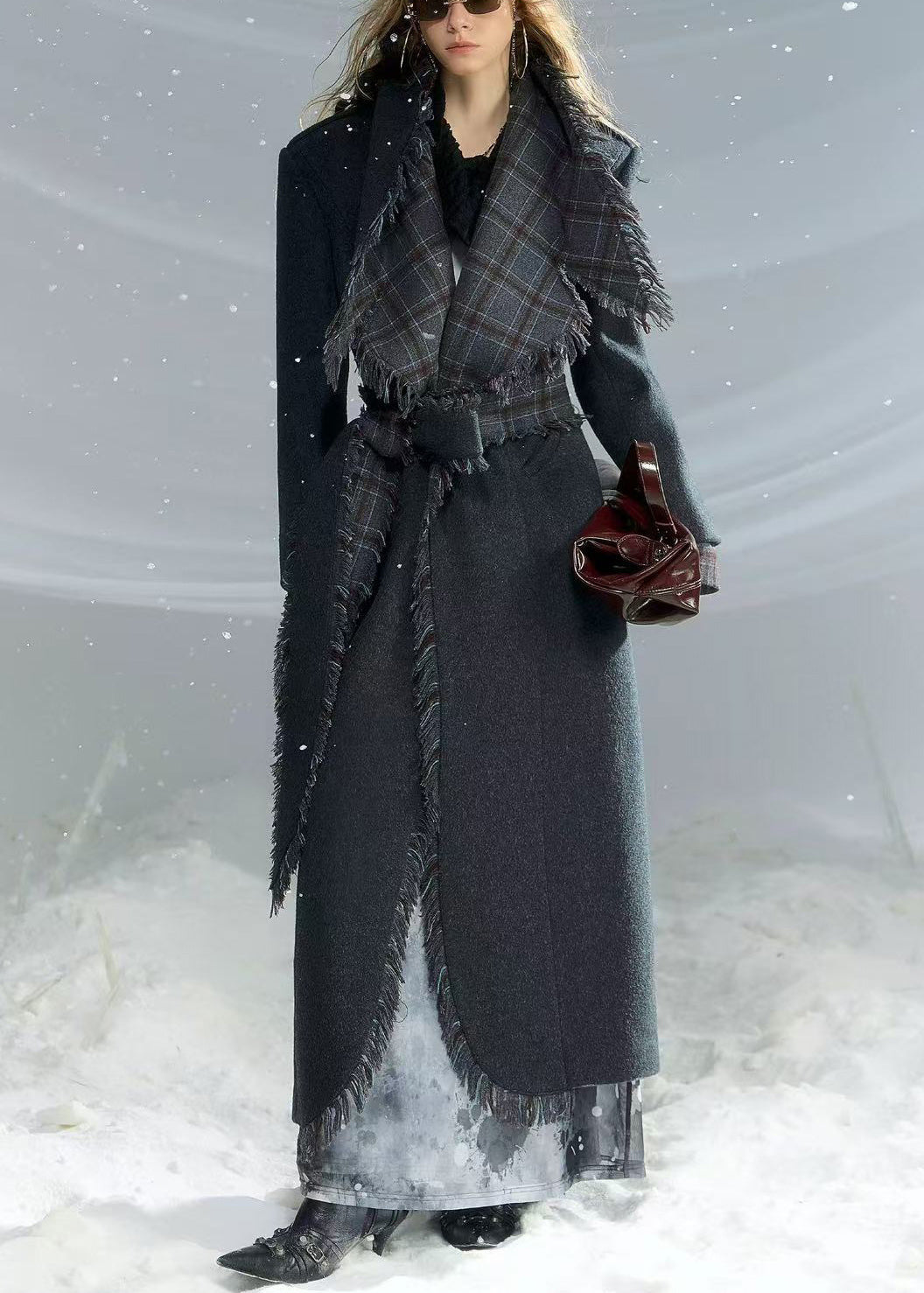 French Dark Gray Peter Pan Collar Plaid Woolen Long Coat Fall