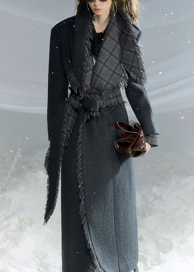 French Dark Gray Peter Pan Collar Plaid Woolen Long Coat Fall