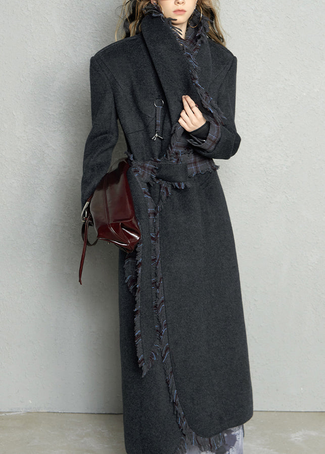 French Dark Gray Peter Pan Collar Plaid Woolen Long Coat Fall