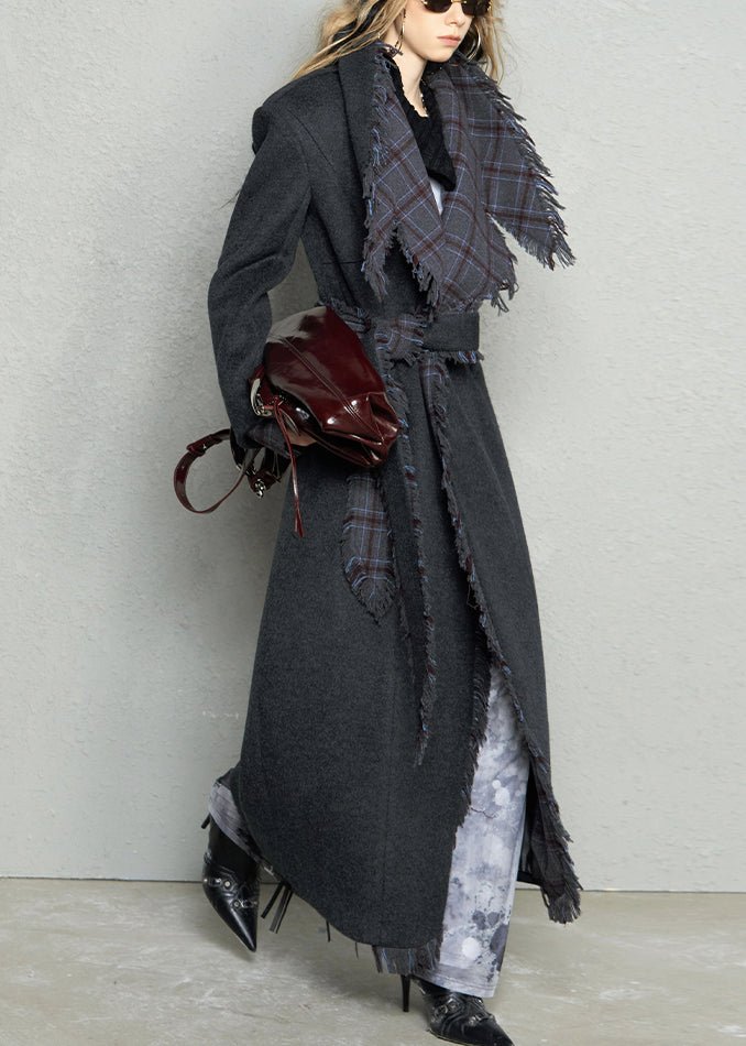 French Dark Gray Peter Pan Collar Plaid Woolen Long Coat Fall