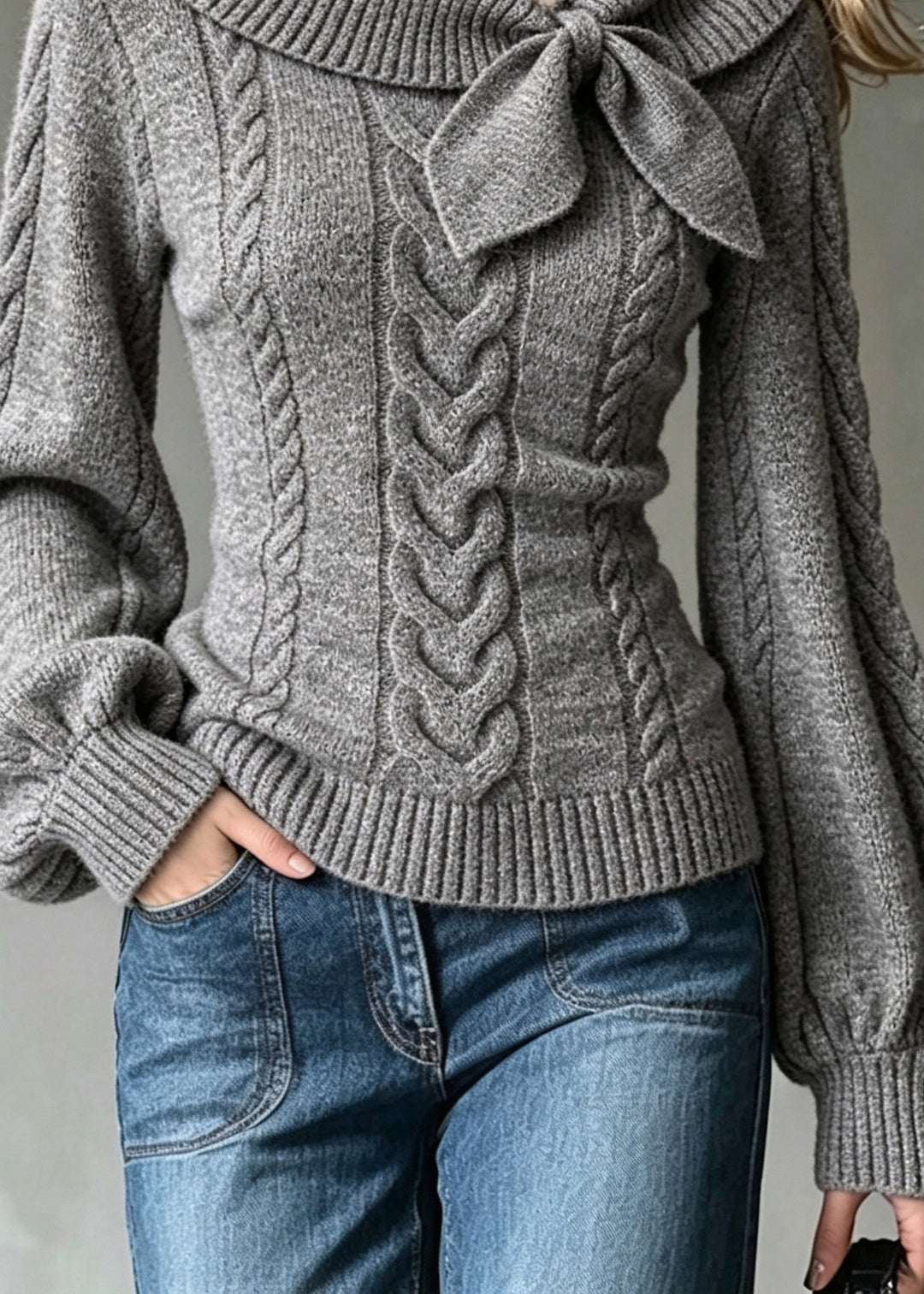 French Dark Grey Slash Neck Bow Knit Sweaters Lantern Sleeve