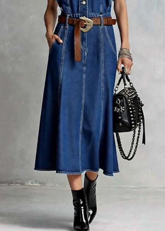 French Denim Blue O-Neck Ruffled Button Summer Maxi Dresses Sleeveless