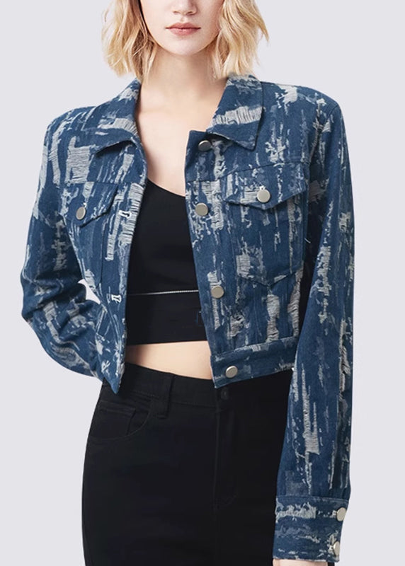 French Denim Blue Print Patchwork Coats Fall