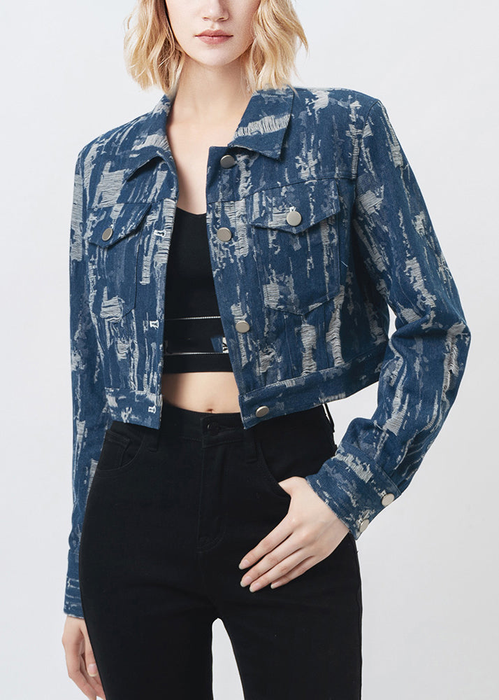 French Denim Blue Print Patchwork Coats Fall