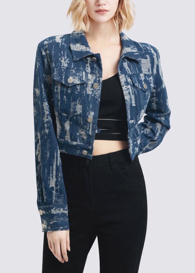 French Denim Blue Print Patchwork Coats Fall