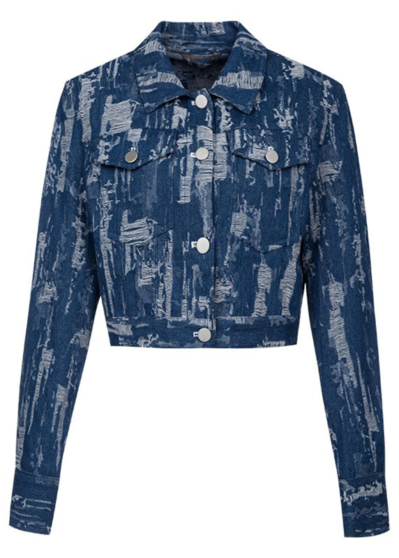 French Denim Blue Print Patchwork Coats Fall