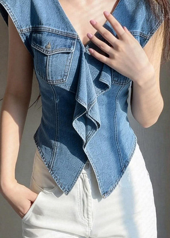 French Denim Blue Ruffled Patchwork Top Short Sleeve