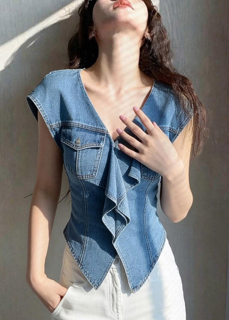French Denim Blue Ruffled Patchwork Top Short Sleeve