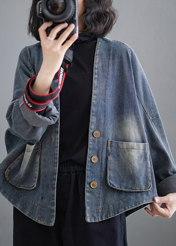 French Denim Blue V Neck Pockets Patchwork Coat Spring