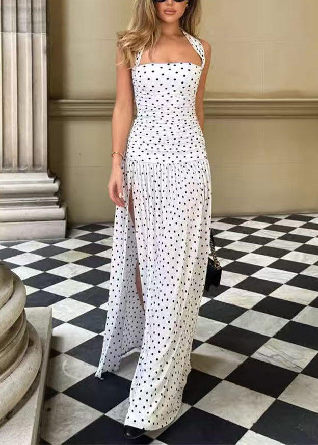 French Dot Print Side Open Halter Chiffon Dresses Summer