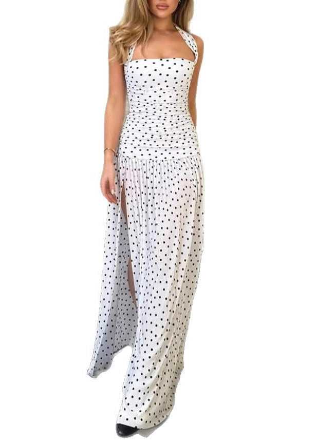 French Dot Print Side Open Halter Chiffon Dresses Summer
