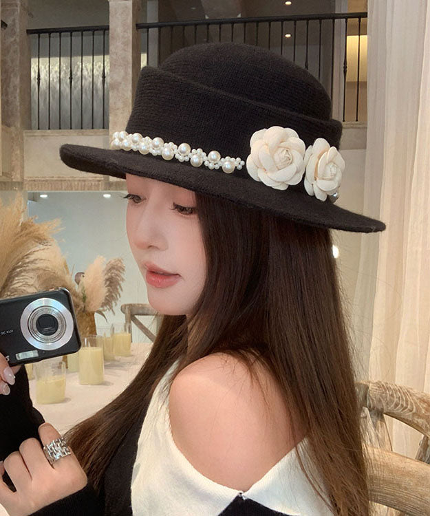 French Elegant Black Pearl Floral Woolen Cloche Hat