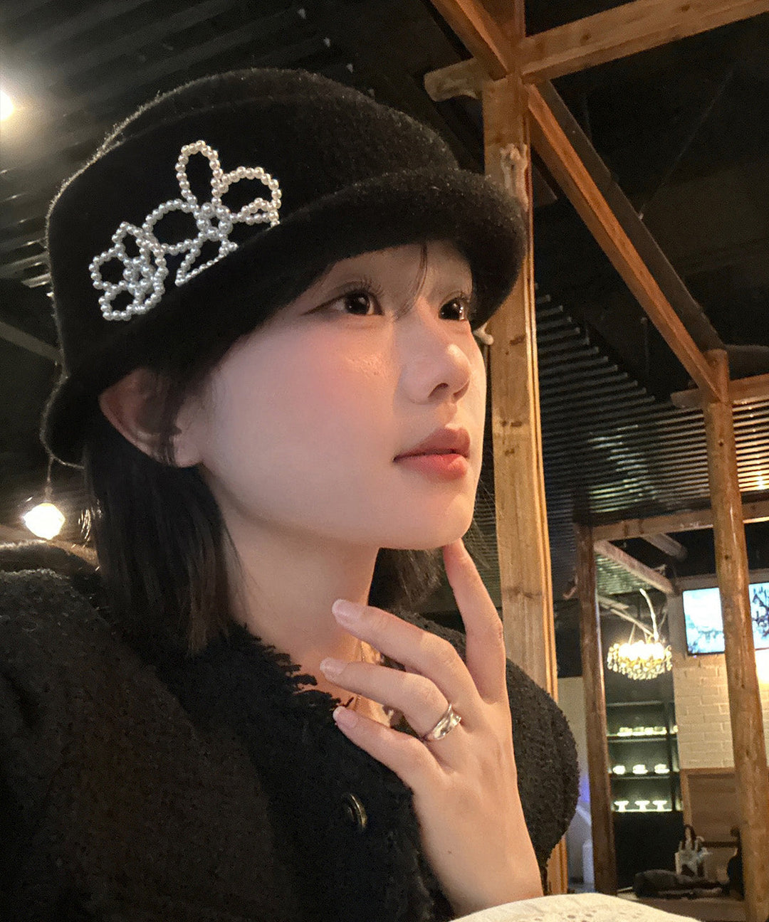 French Elegant Black Pearl Knit Bucket Hat