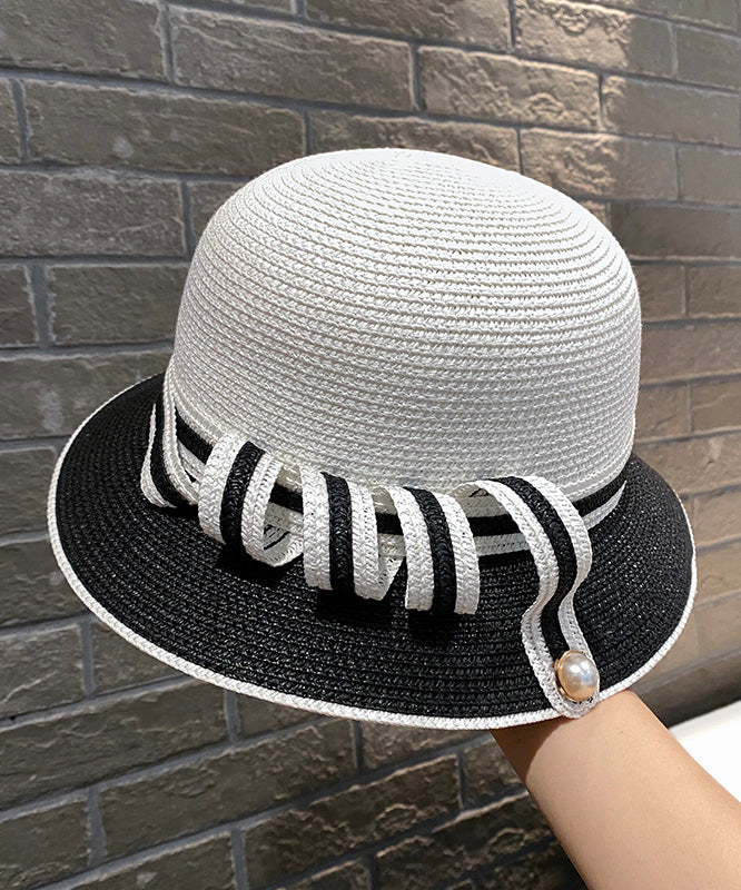 French Elegant White Straw Woven Bucket Hat