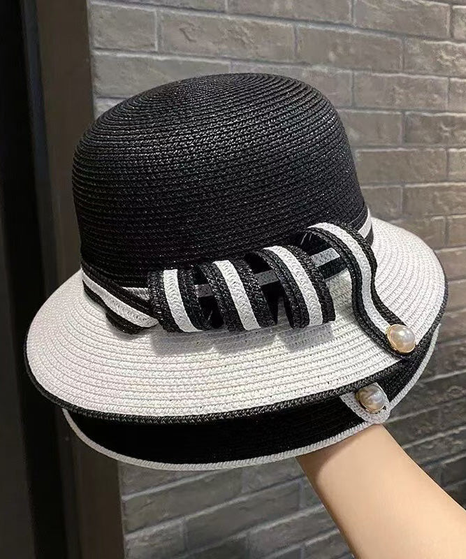French Elegant White Straw Woven Bucket Hat