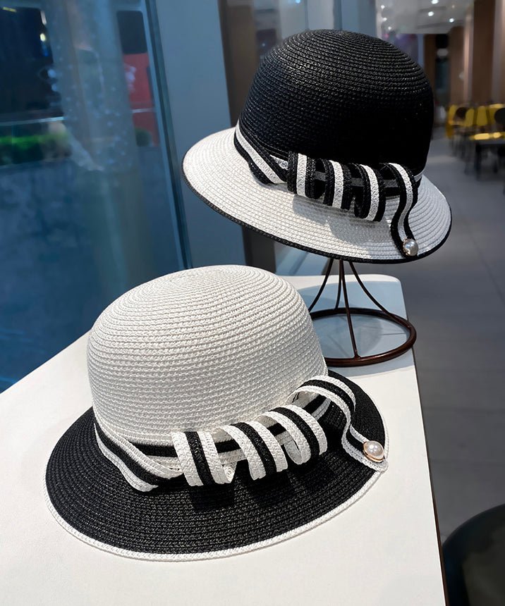 French Elegant White Straw Woven Bucket Hat