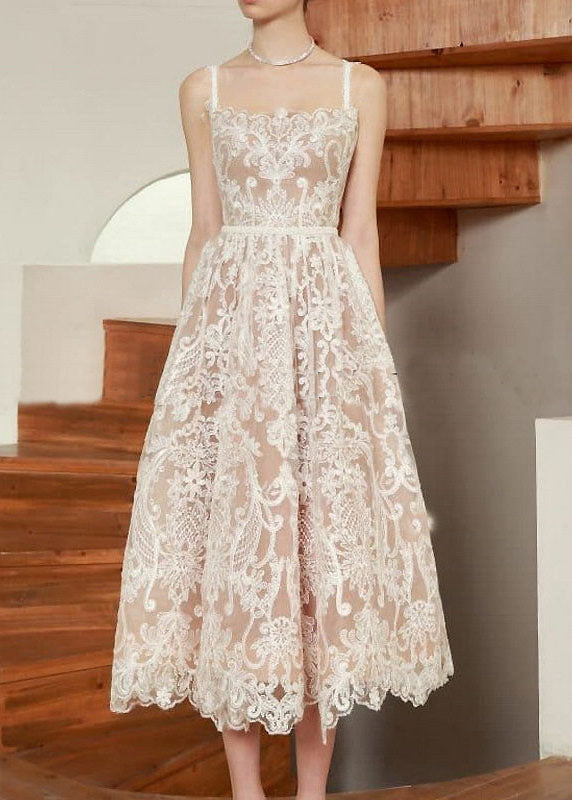 French Embroidered Patchwork Lace Spaghetti Strap Dress Summer