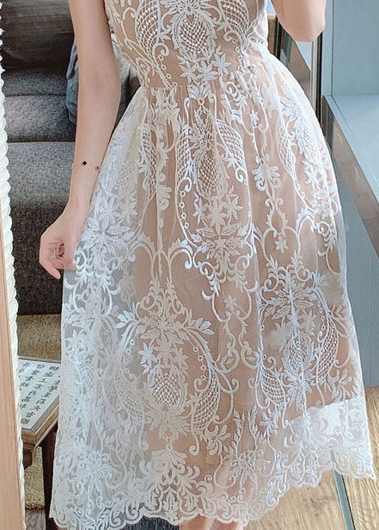 French Embroidered Patchwork Lace Spaghetti Strap Dress Summer