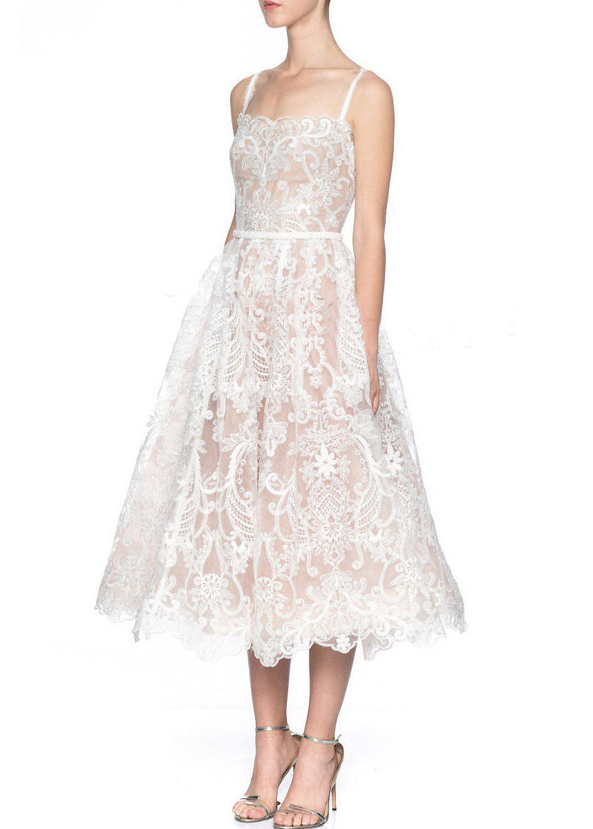 French Embroidered Patchwork Lace Spaghetti Strap Dress Summer
