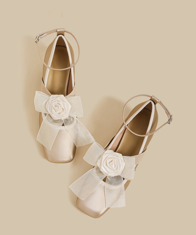 French Floral Splicing Chunky High Heels Champagne Satin