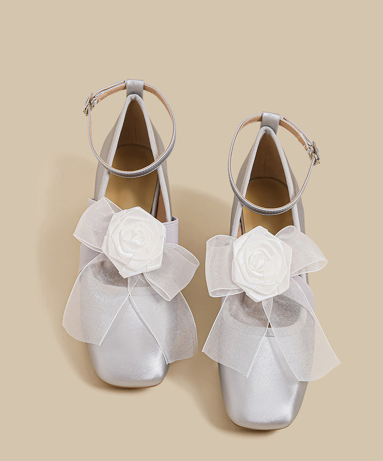 French Floral Splicing Chunky High Heels Champagne Satin