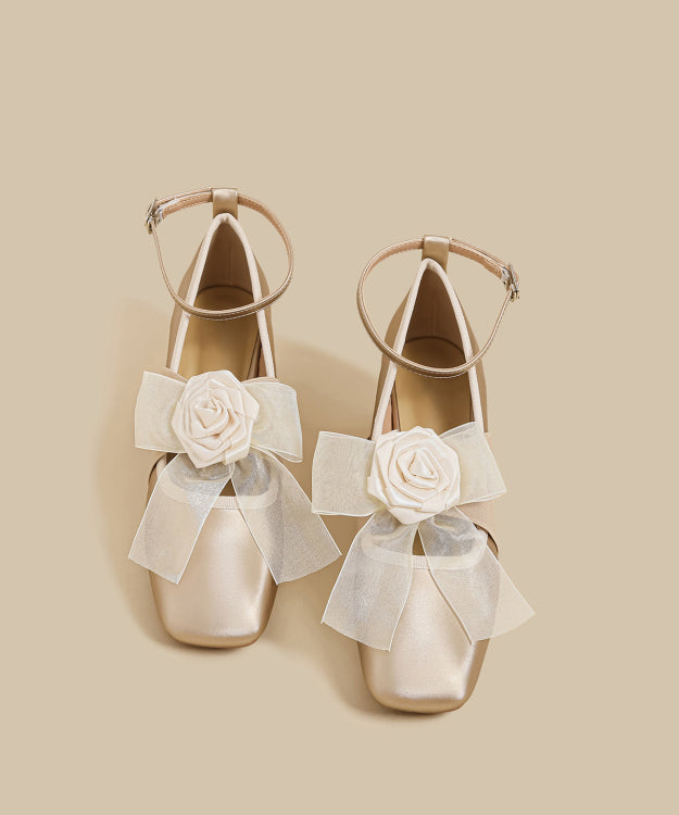 French Floral Splicing Chunky High Heels Champagne Satin