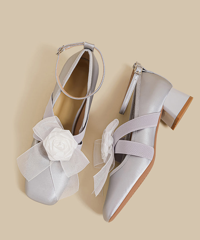 French Floral Splicing Chunky High Heels Champagne Satin