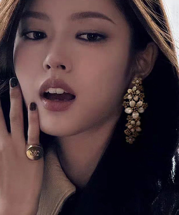 French Floral Tassel Metal Stud Earrings