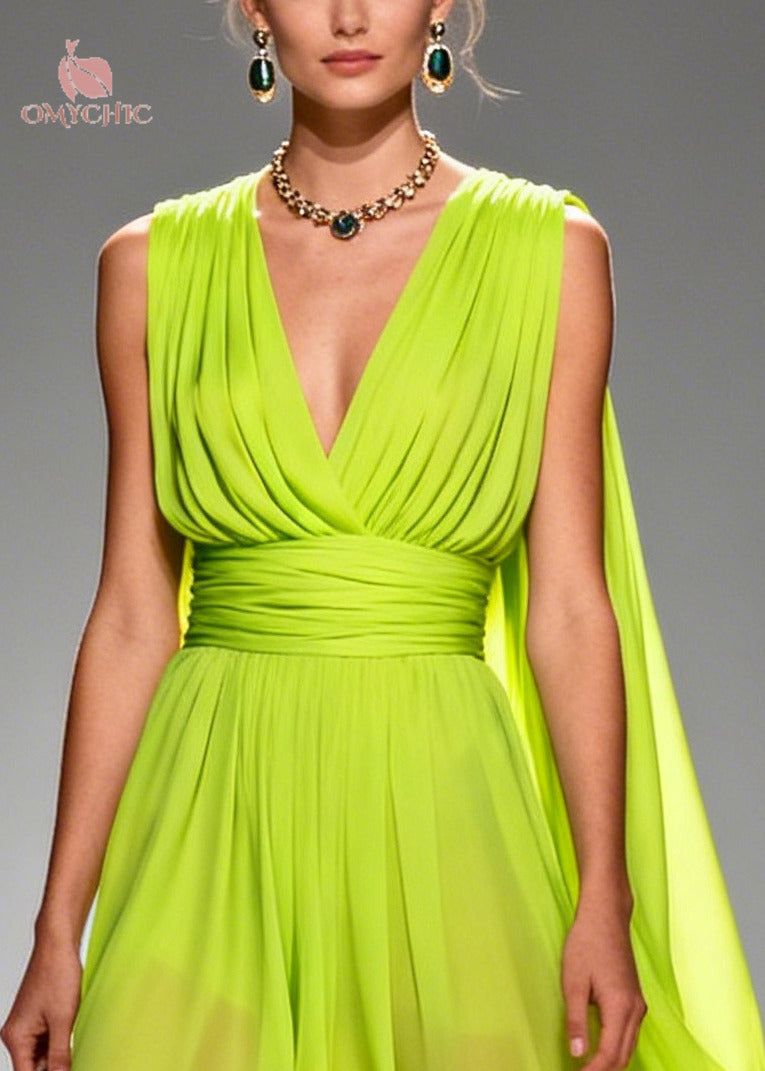 French Fluorescent Green V Neck Patchwork Flower Chiffon Long Dresses Summer