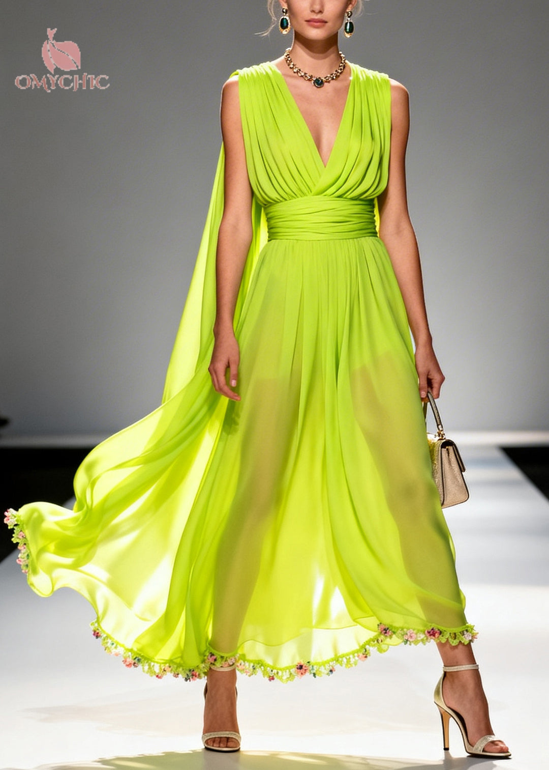 French Fluorescent Green V Neck Patchwork Flower Chiffon Long Dresses Summer
