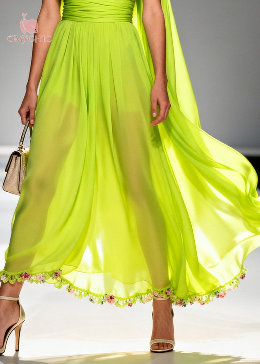 French Fluorescent Green V Neck Patchwork Flower Chiffon Long Dresses Summer