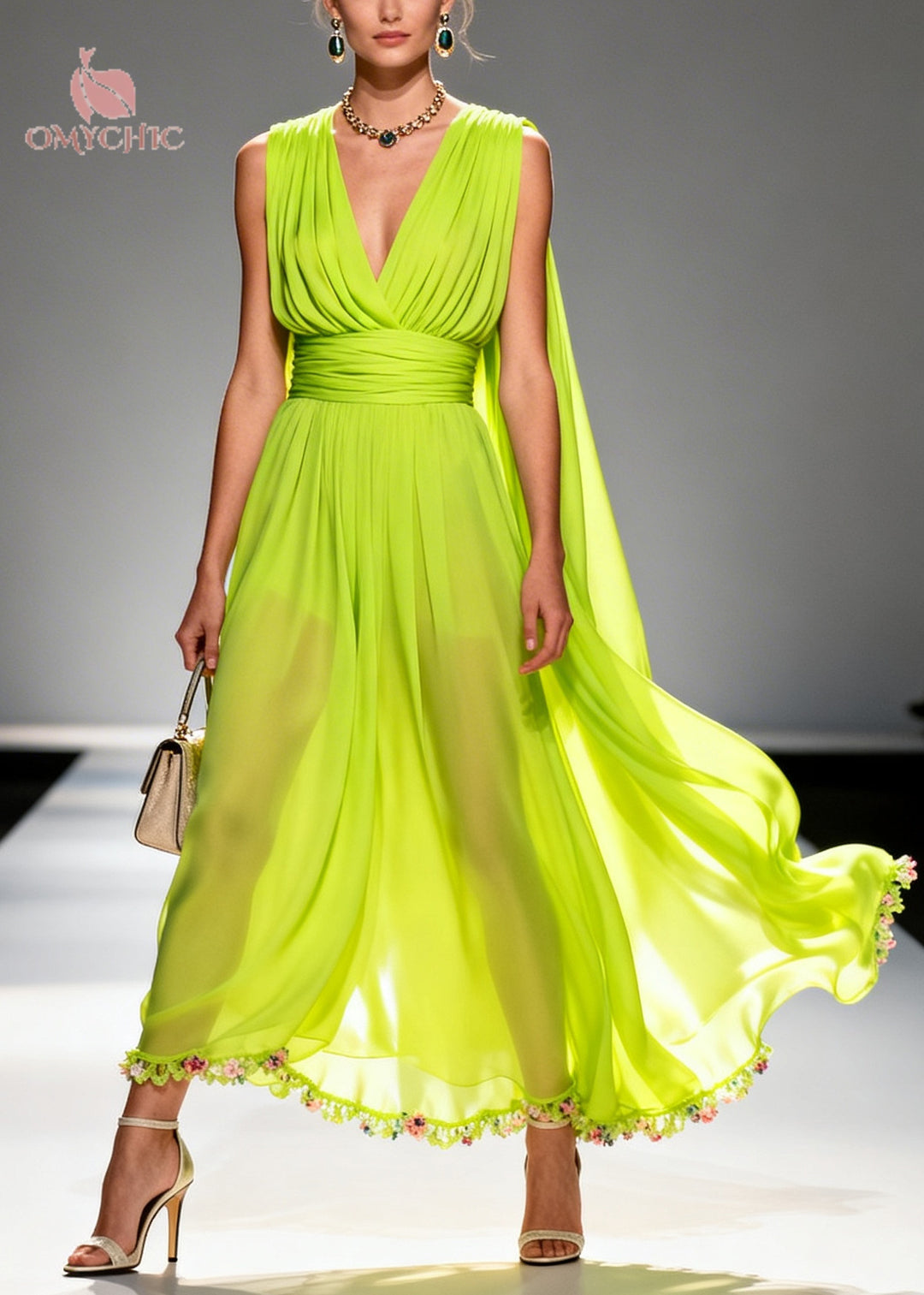 French Fluorescent Green V Neck Patchwork Flower Chiffon Long Dresses Summer