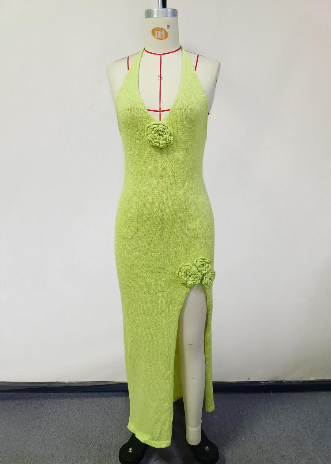 French Fruit Green Floral Decorated Side Open Knit Holiday Dress