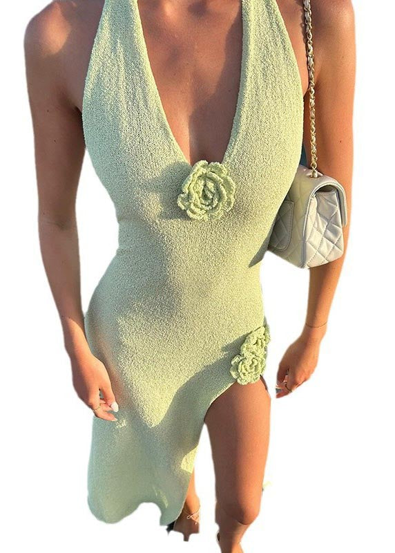 French Fruit Green Floral Decorated Side Open Knit Holiday Dress