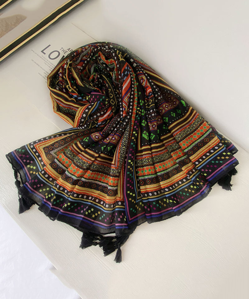French Geometric Print Tasseled Cotton Scarf