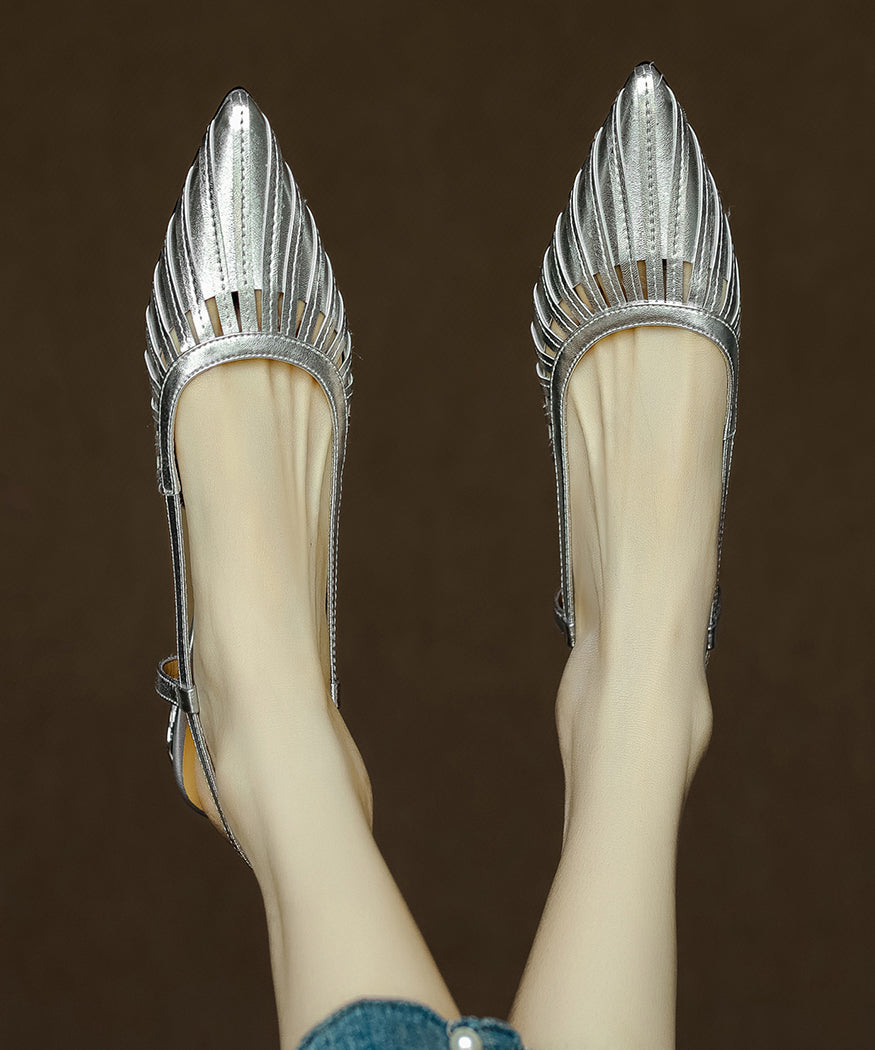 French Gold Chunky Sandals Cowhide Leather Hollow Out Pointed Toe