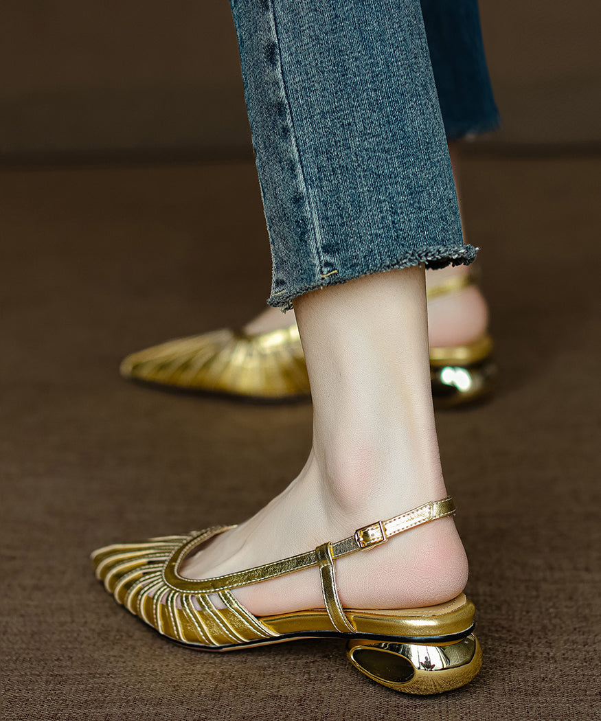 French Gold Chunky Sandals Cowhide Leather Hollow Out Pointed Toe