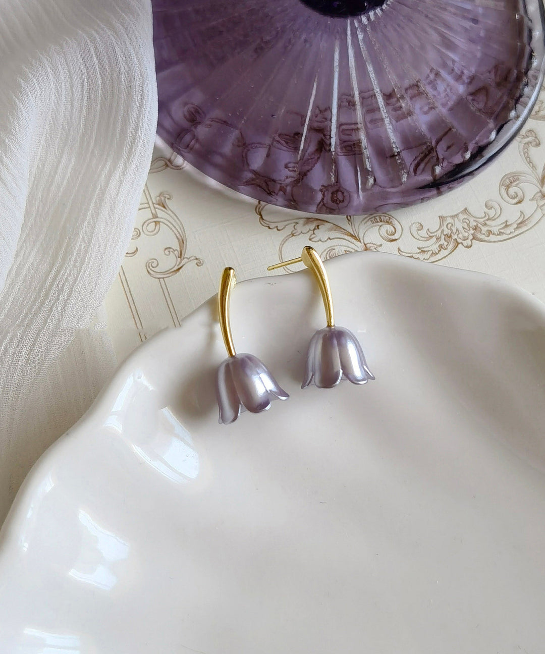 French Gold Copper Alloy Lily Of The Valley Stud Earrings
