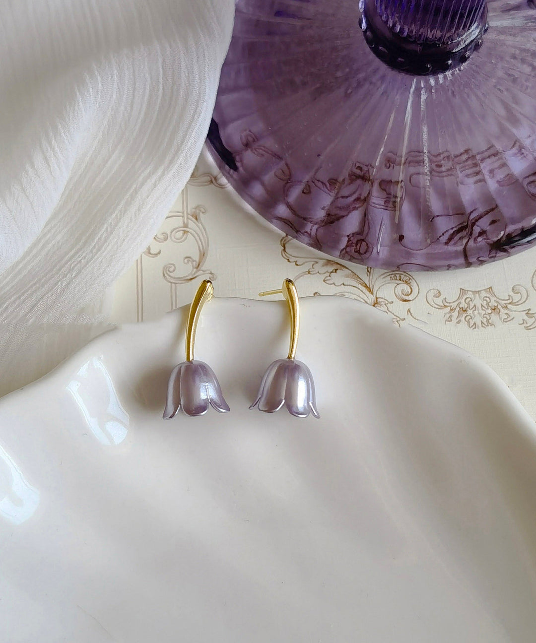 French Gold Copper Alloy Lily Of The Valley Stud Earrings
