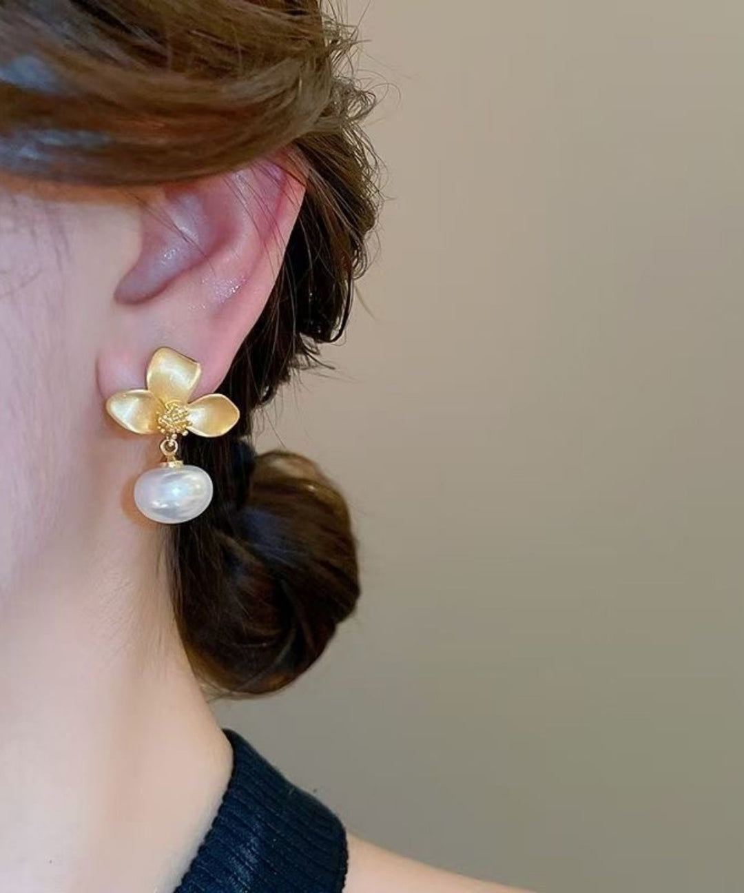 French Gold Copper Overgild Floral Pearl Drop Earrings